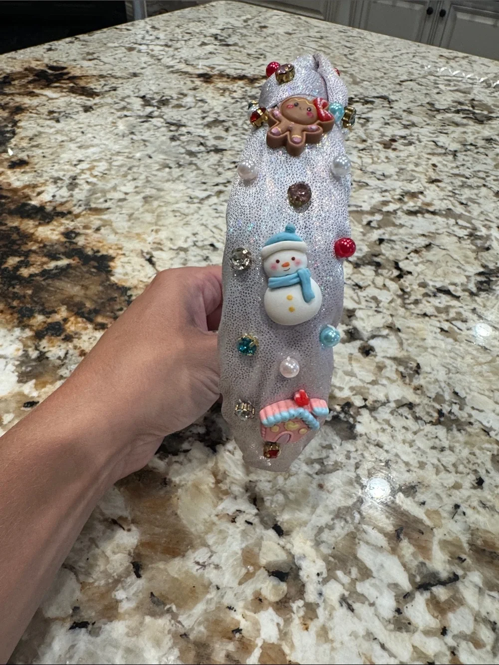 Sparkle Holiday Headband with Gingerbread & Snowman Embellishments - Silver
